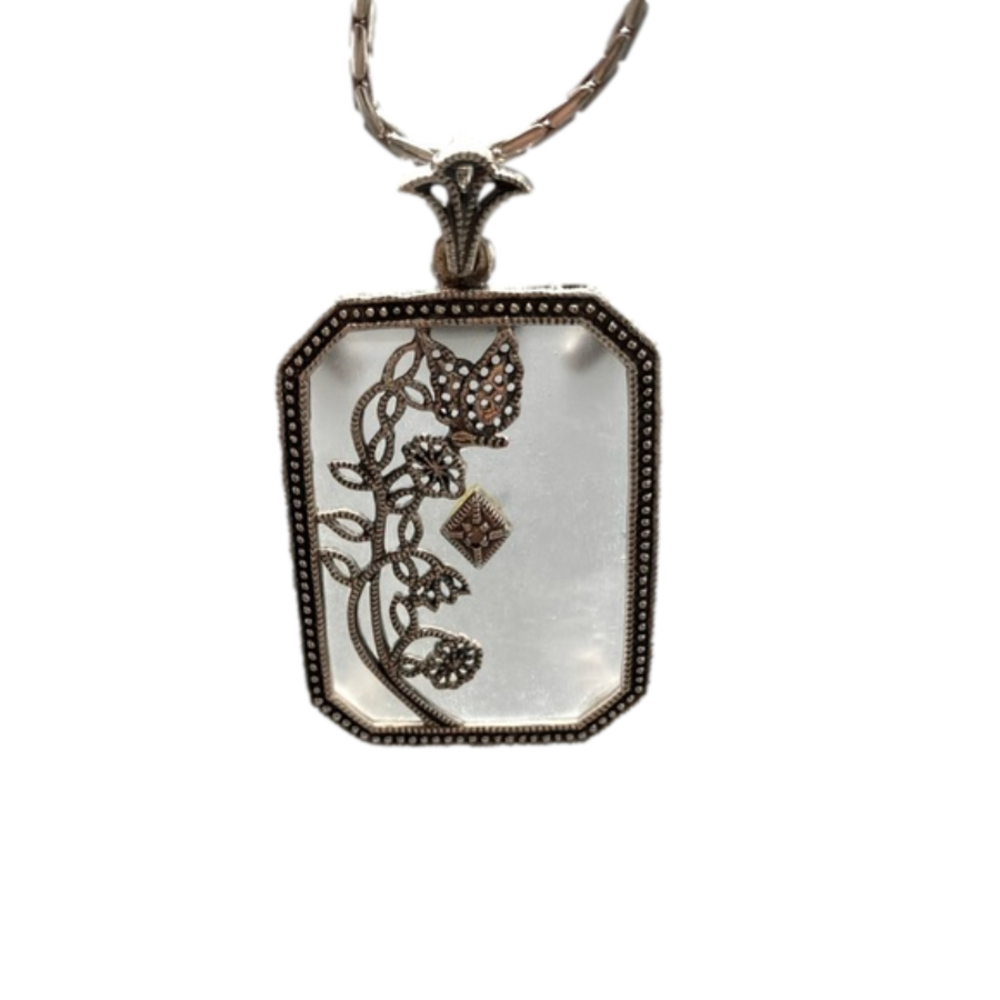 Diamond Camphor Glass Sterling Silver Art Deco Vintage Diamond Pendant Necklace